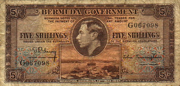 Front of Bermuda p8a: 5 Shillings from 1937