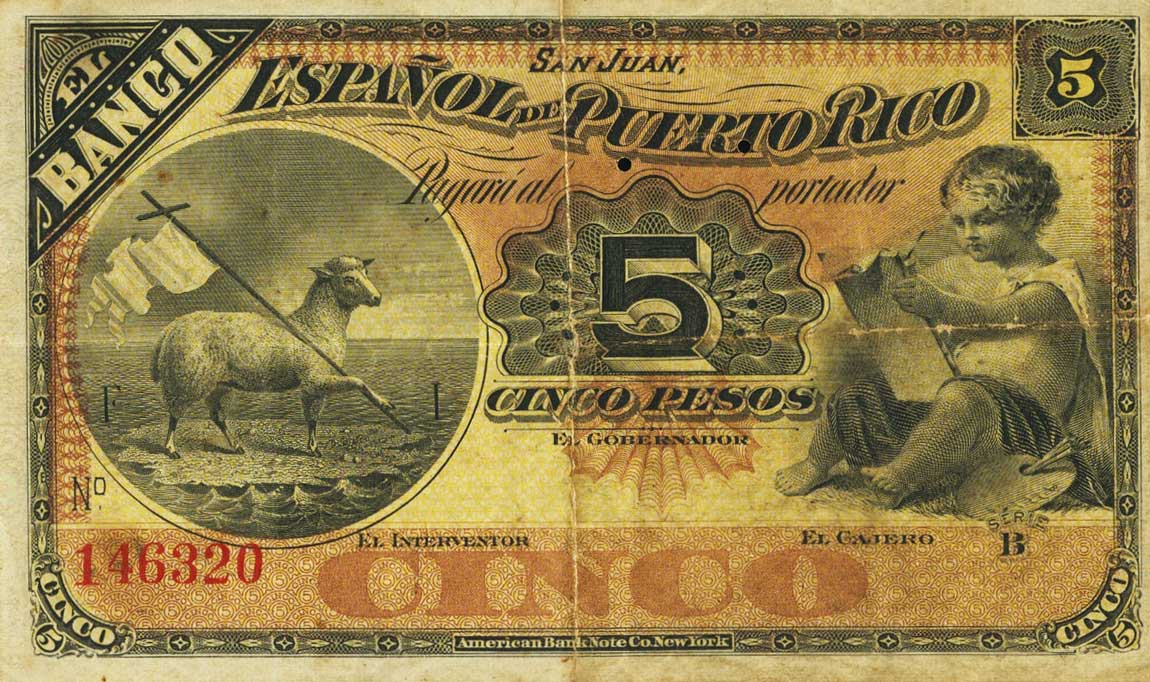Front of Puerto Rico p14a: 5 Pesos from 1895