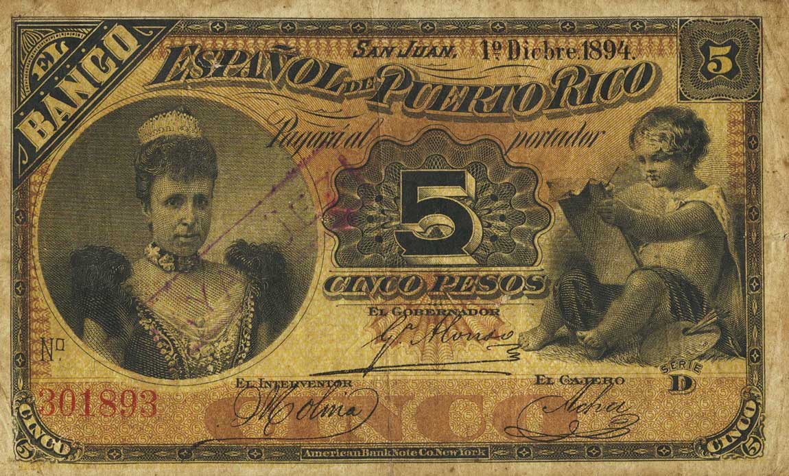 Front of Puerto Rico p26a: 5 Pesos from 1894