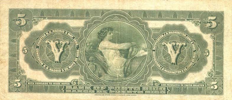 Back of Puerto Rico p47a: 5 Dollars from 1909