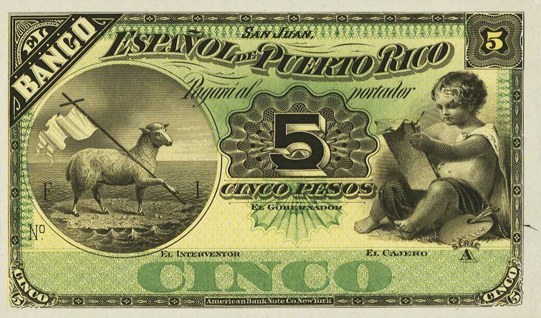 Front of Puerto Rico p8: 5 Pesos from 1889