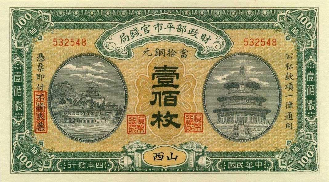 Front of China p603g: 100 Coppers from 1915