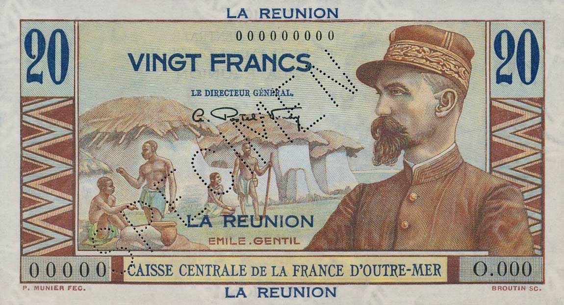 Front of Reunion p43s: 20 Francs from 1947