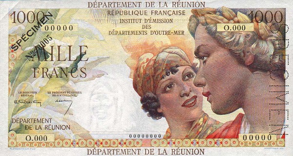 Front of Reunion p52s: 1000 Francs from 1964