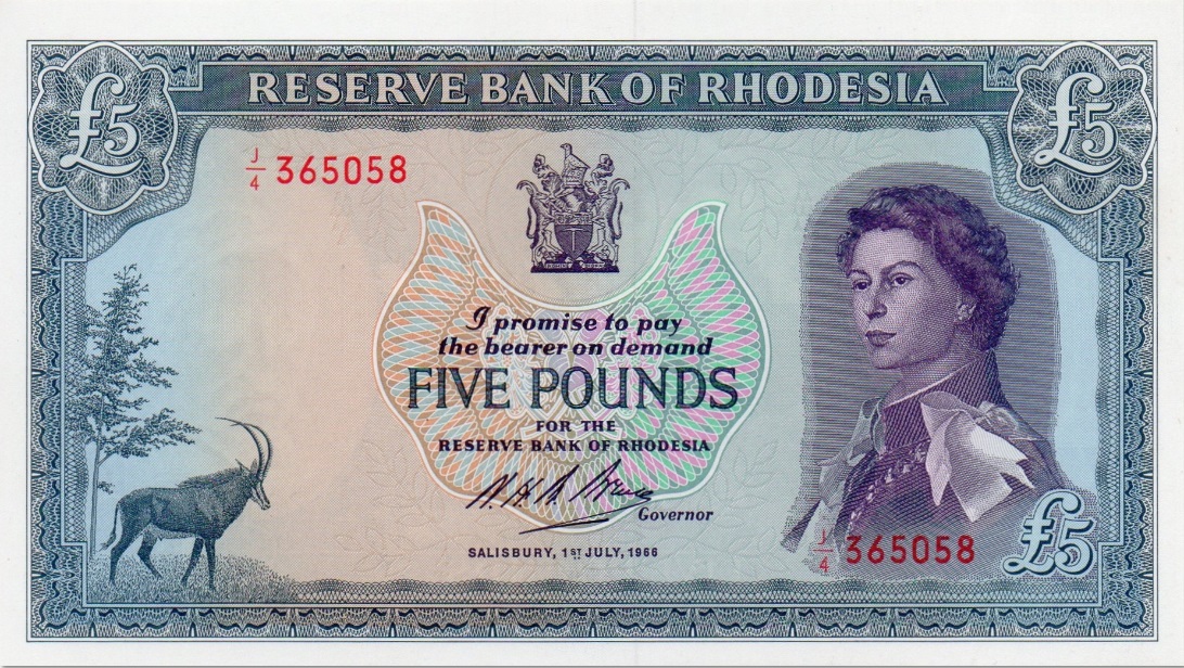 Front of Rhodesia p29a: 5 Pounds from 1966