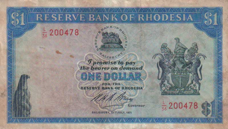 Front of Rhodesia p30e: 1 Dollar from 1971