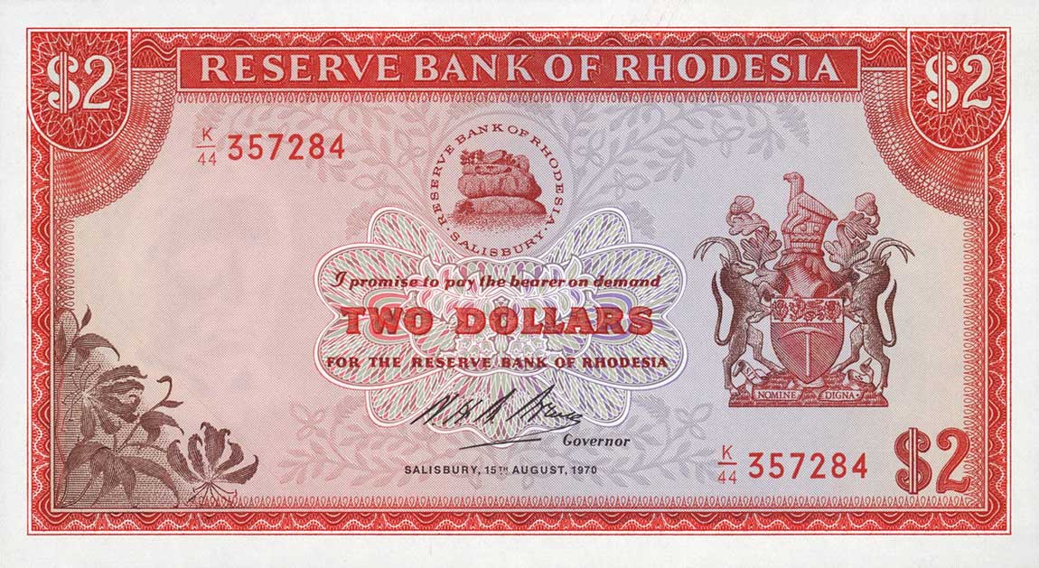 Front of Rhodesia p31b: 2 Dollars from 1970