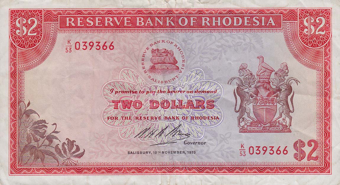 Front of Rhodesia p31d: 2 Dollars from 1970