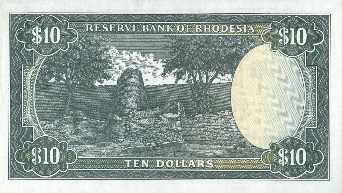 Back of Rhodesia p33h: 10 Dollars from 1975