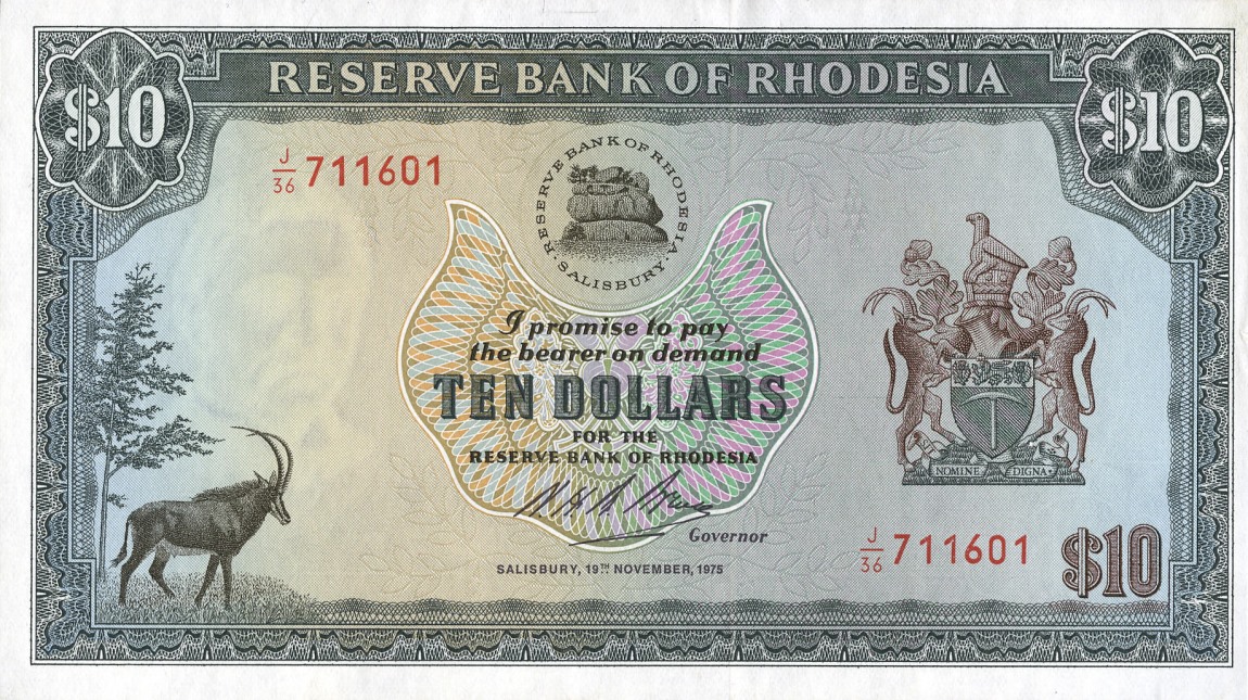 Front of Rhodesia p33h: 10 Dollars from 1975