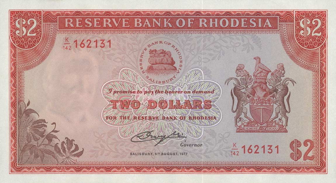 Front of Rhodesia p35c: 2 Dollars from 1977