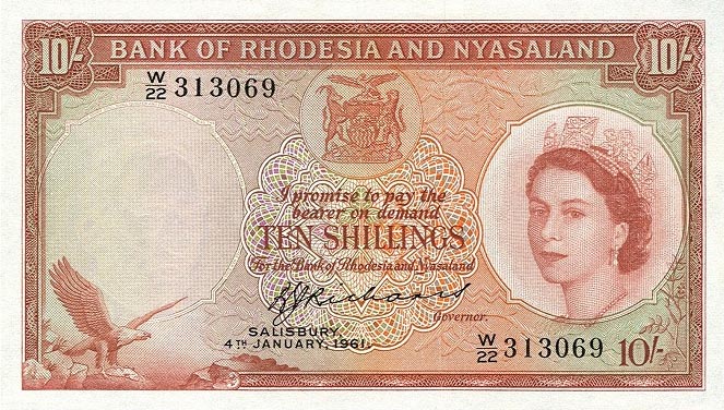 Front of Rhodesia and Nyasaland p20b: 10 Shillings from 1960