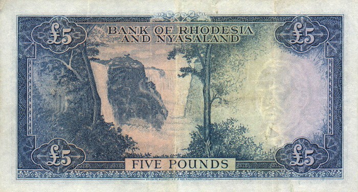 Back of Rhodesia and Nyasaland p22a: 5 Pounds from 1956