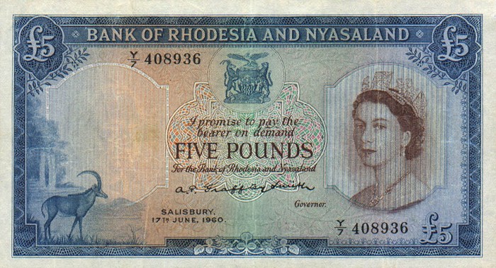 Front of Rhodesia and Nyasaland p22a: 5 Pounds from 1956