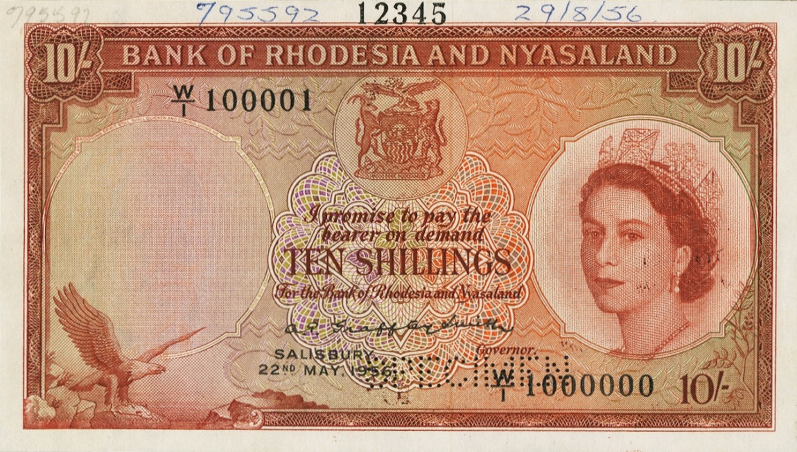 Front of Rhodesia and Nyasaland p20s: 10 Shillings from 1956