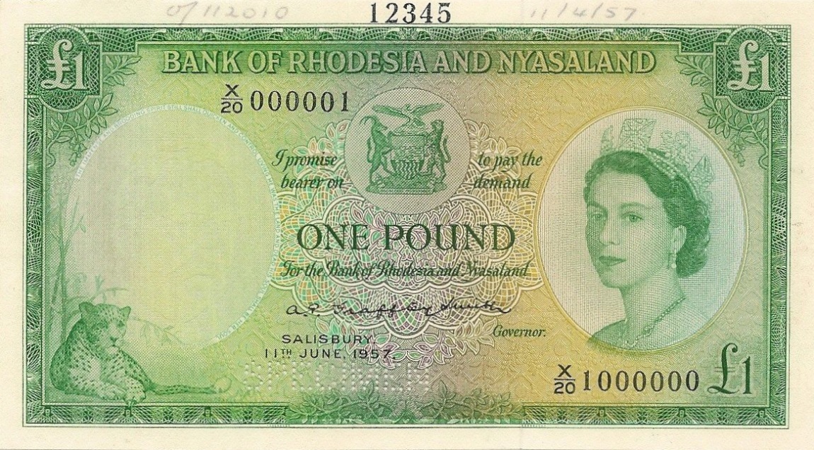 Front of Rhodesia and Nyasaland p21s: 1 Pound from 1956