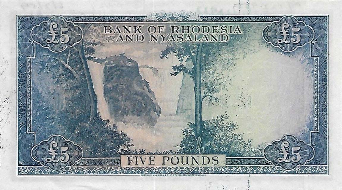 Back of Rhodesia and Nyasaland p22r: 5 Pounds from 1956
