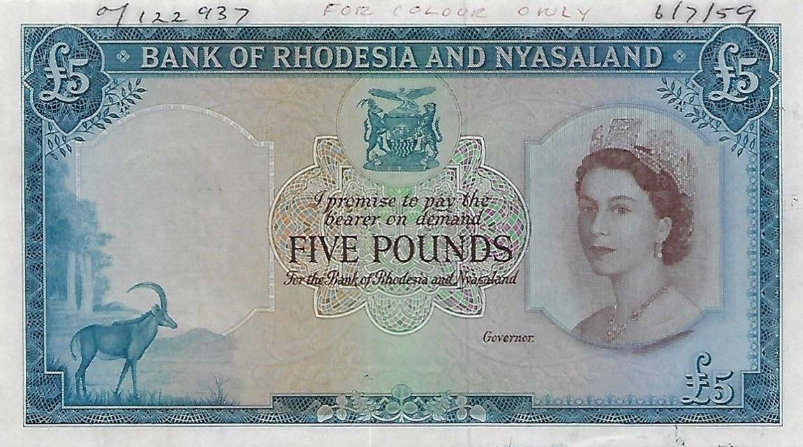 Front of Rhodesia and Nyasaland p22r: 5 Pounds from 1956