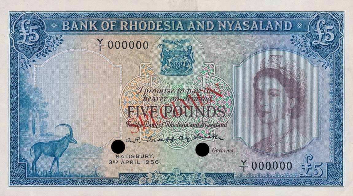 Front of Rhodesia and Nyasaland p22s: 5 Pounds from 1956