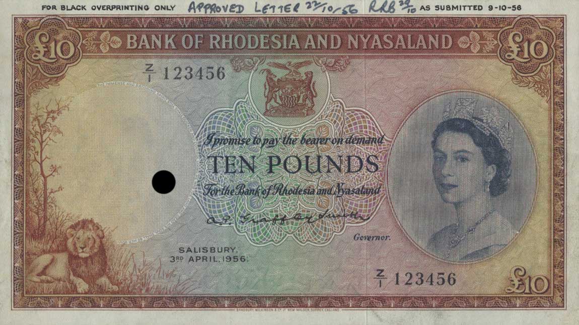 Front of Rhodesia and Nyasaland p23s: 10 Pounds from 1956