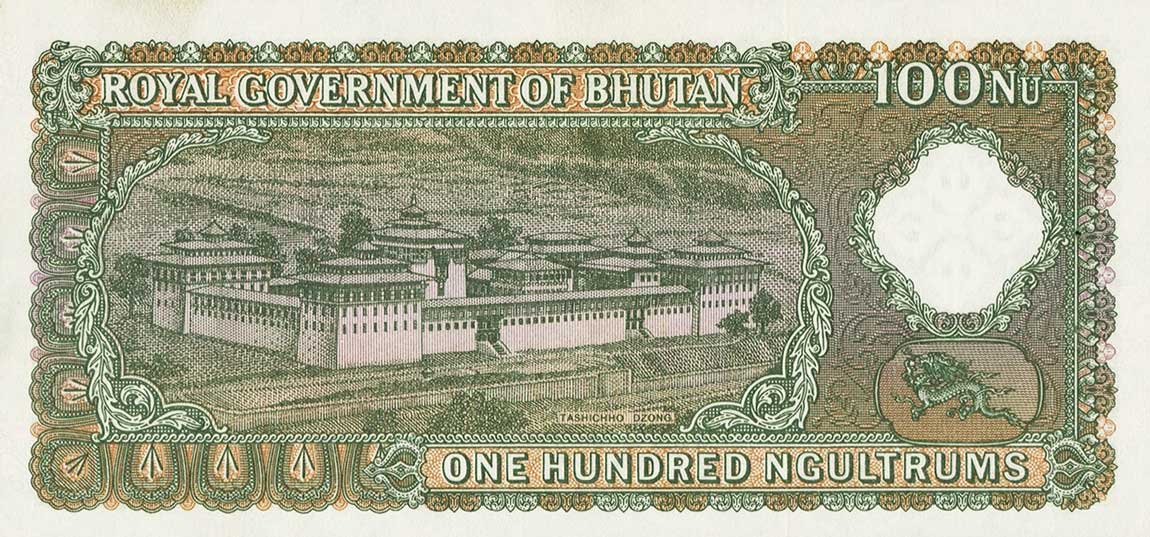 Back of Bhutan p4: 100 Ngultrum from 1978