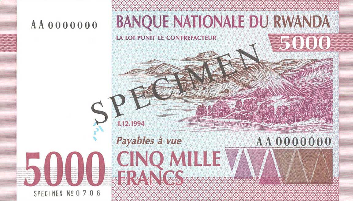 Front of Rwanda p25s: 5000 Francs from 1994