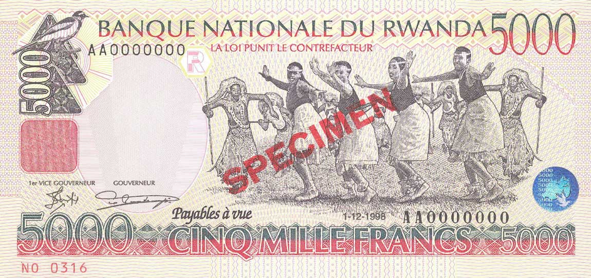 Front of Rwanda p28s: 5000 Francs from 1998