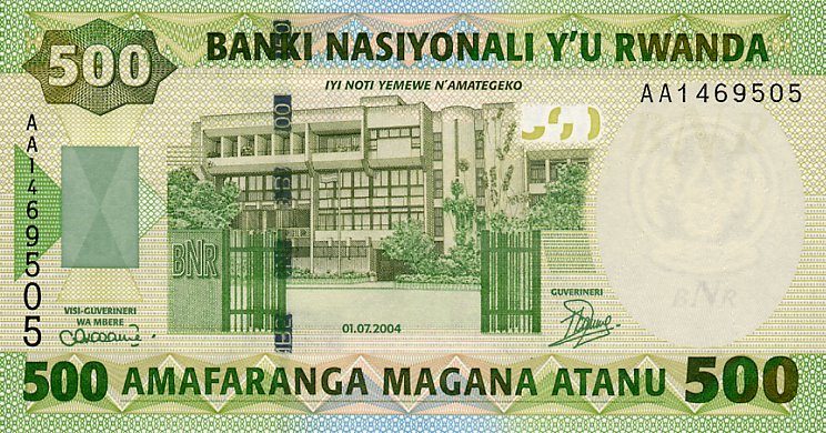 Front of Rwanda p30: 500 Francs from 2004