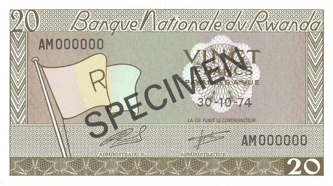 Front of Rwanda p6s4: 20 Francs from 1974