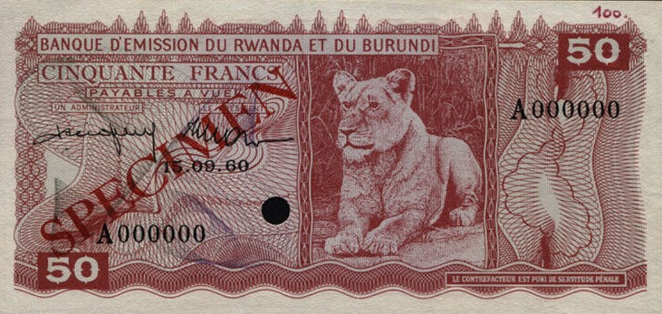 Front of Rwanda-Burundi p4s: 50 Francs from 1960