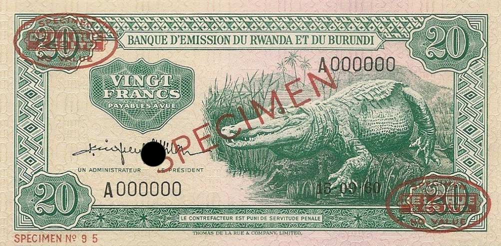 Front of Rwanda-Burundi p3s: 20 Francs from 1960