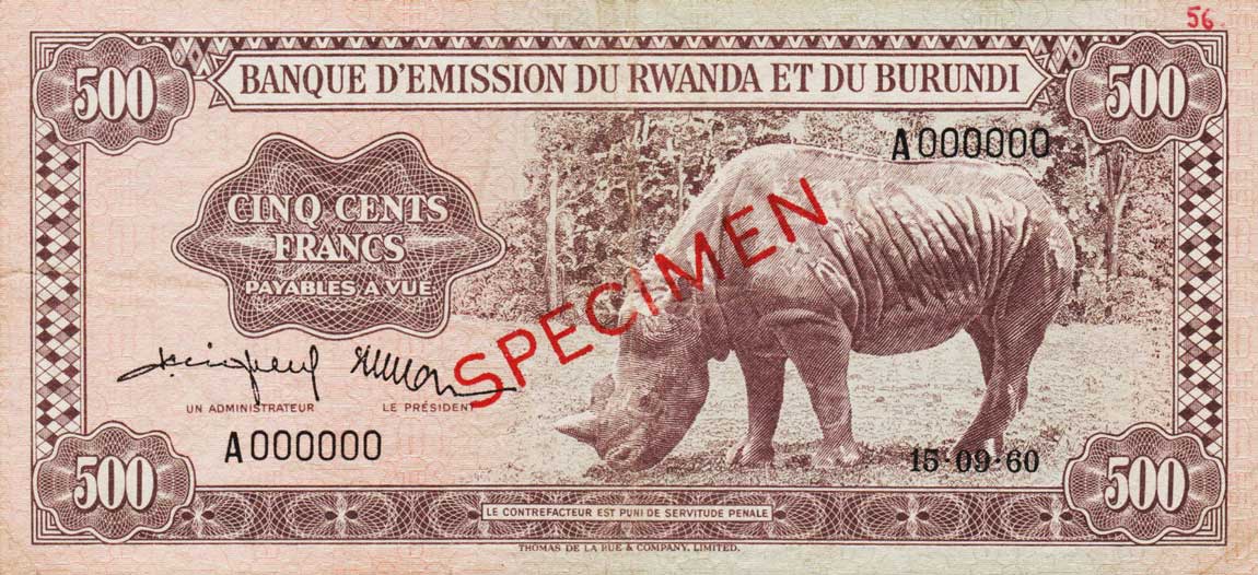 Front of Rwanda-Burundi p6s: 500 Francs from 1960