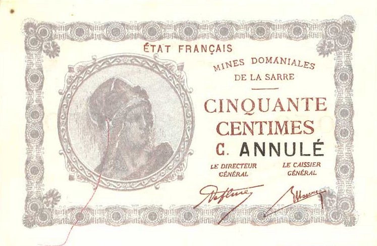 Front of Saar p1: 50 Centimes from 1919