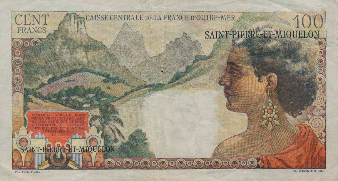 Back of Saint Pierre and Miquelon p26a: 100 Francs from 1950