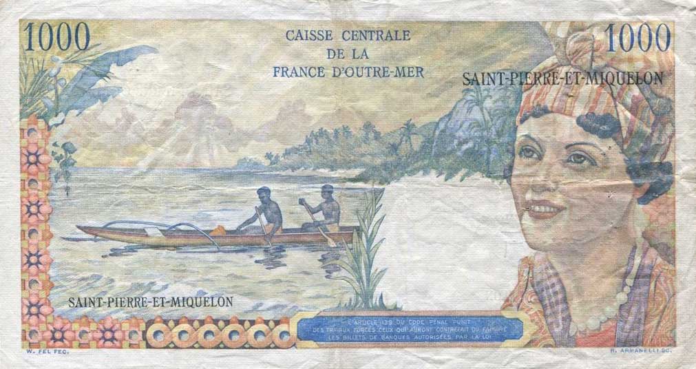 Back of Saint Pierre and Miquelon p28a: 1000 Francs from 1950