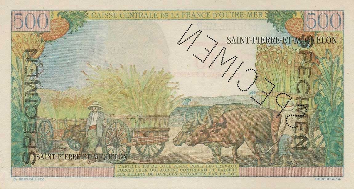Back of Saint Pierre and Miquelon p33s: 10 Nouveaux Francs from 1964