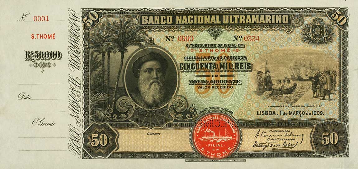 Front of Saint Thomas and Prince p12s: 50 Mil Reis from 1909