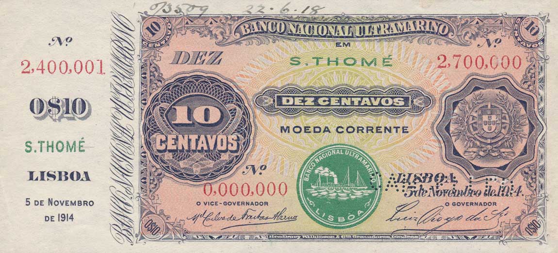 Front of Saint Thomas and Prince p13s: 10 Centavos from 1914
