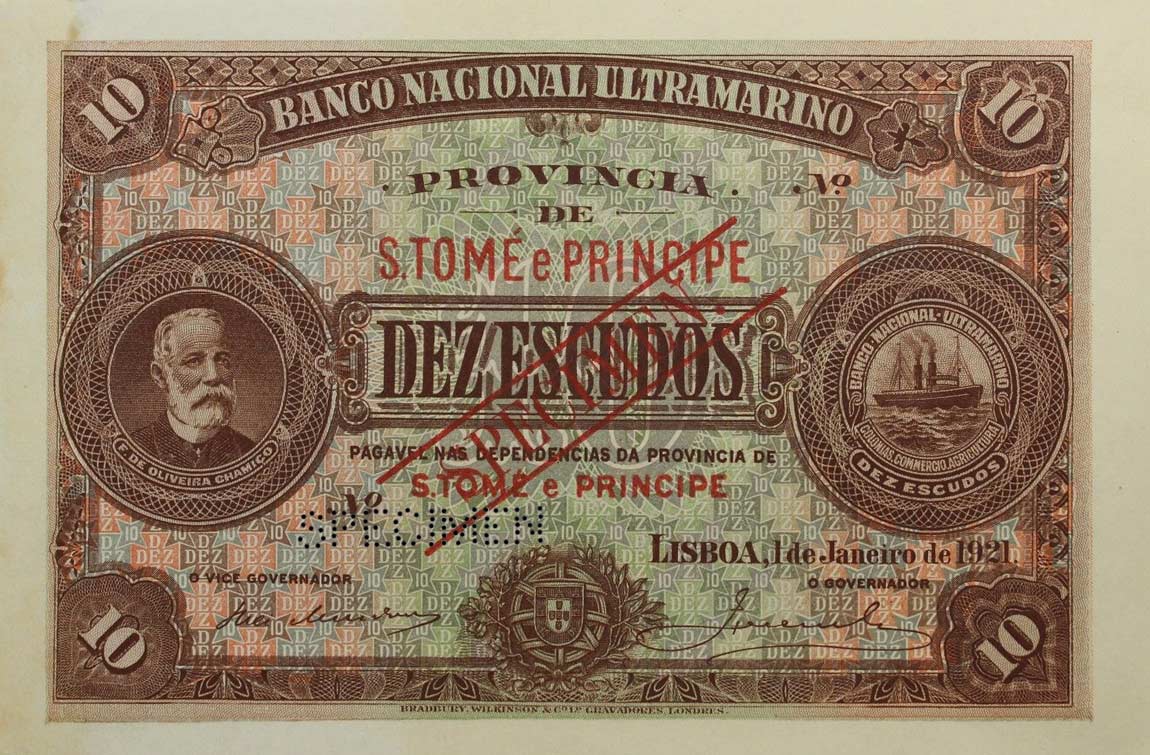 Front of Saint Thomas and Prince p22s: 10 Escudos from 1921