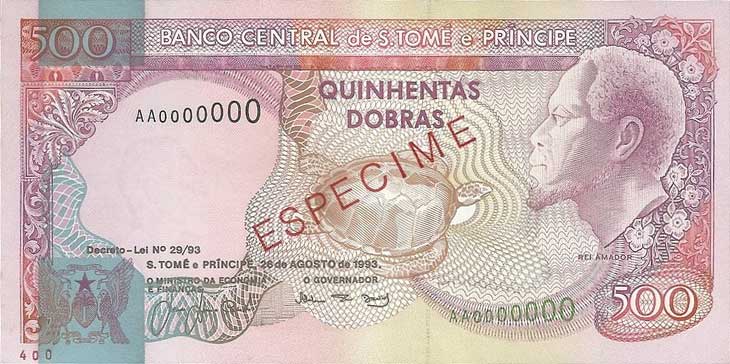 Front of Saint Thomas and Prince p63s: 500 Dobras from 1993