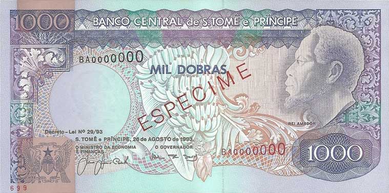 Front of Saint Thomas and Prince p64s: 1000 Dobras from 1993