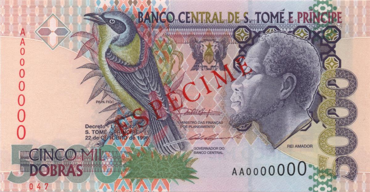 Front of Saint Thomas and Prince p65s: 5000 Dobras from 1996