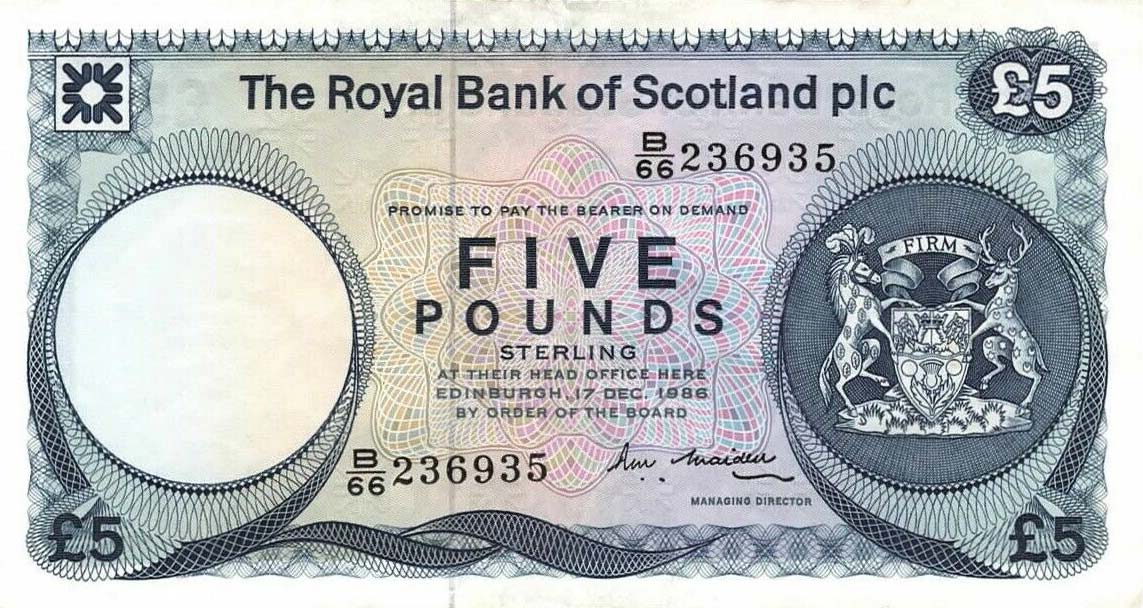 Front of Scotland p342d: 5 Pounds from 1986