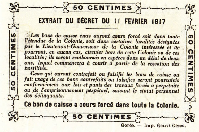 Back of Senegal p1b: 0.5 Franc from 1917
