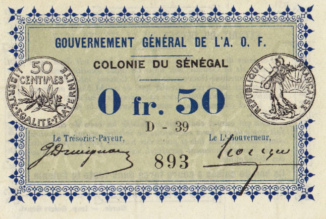 Front of Senegal p1b: 0.5 Franc from 1917