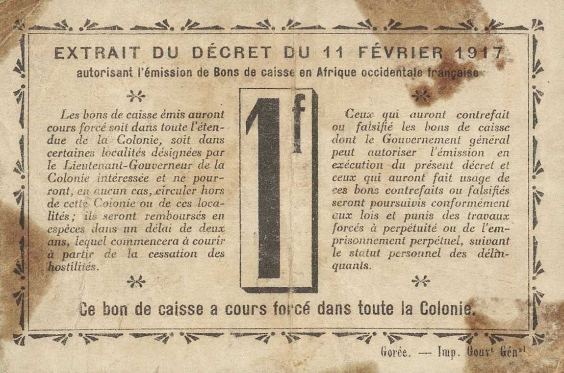 Back of Senegal p2c: 1 Franc from 1917