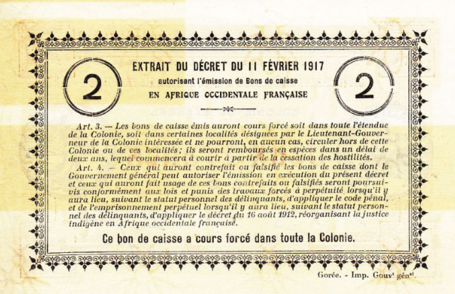 Back of Senegal p3c: 2 Francs from 1917
