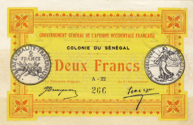 Front of Senegal p3c: 2 Francs from 1917