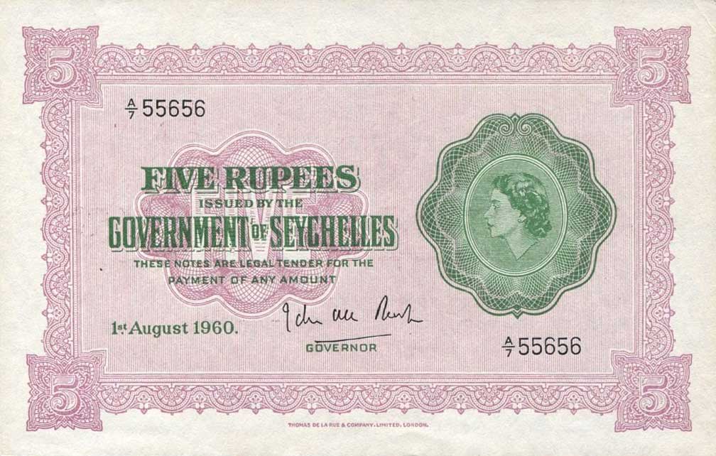 Front of Seychelles p11b: 5 Rupees from 1960