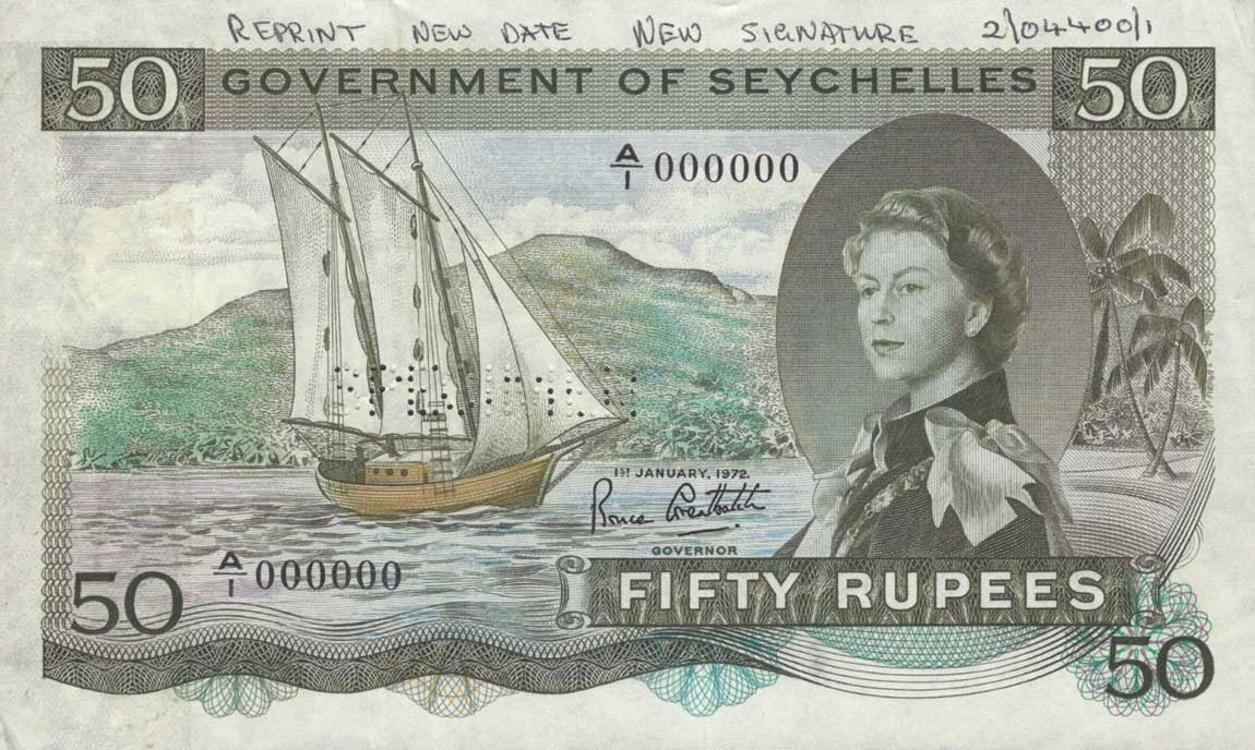 Front of Seychelles p17s: 50 Rupees from 1972